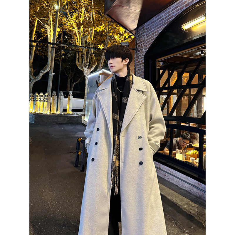 688秋冬季宽松男士中长款毛呢过膝大衣加厚帅气高品质呢子男外套