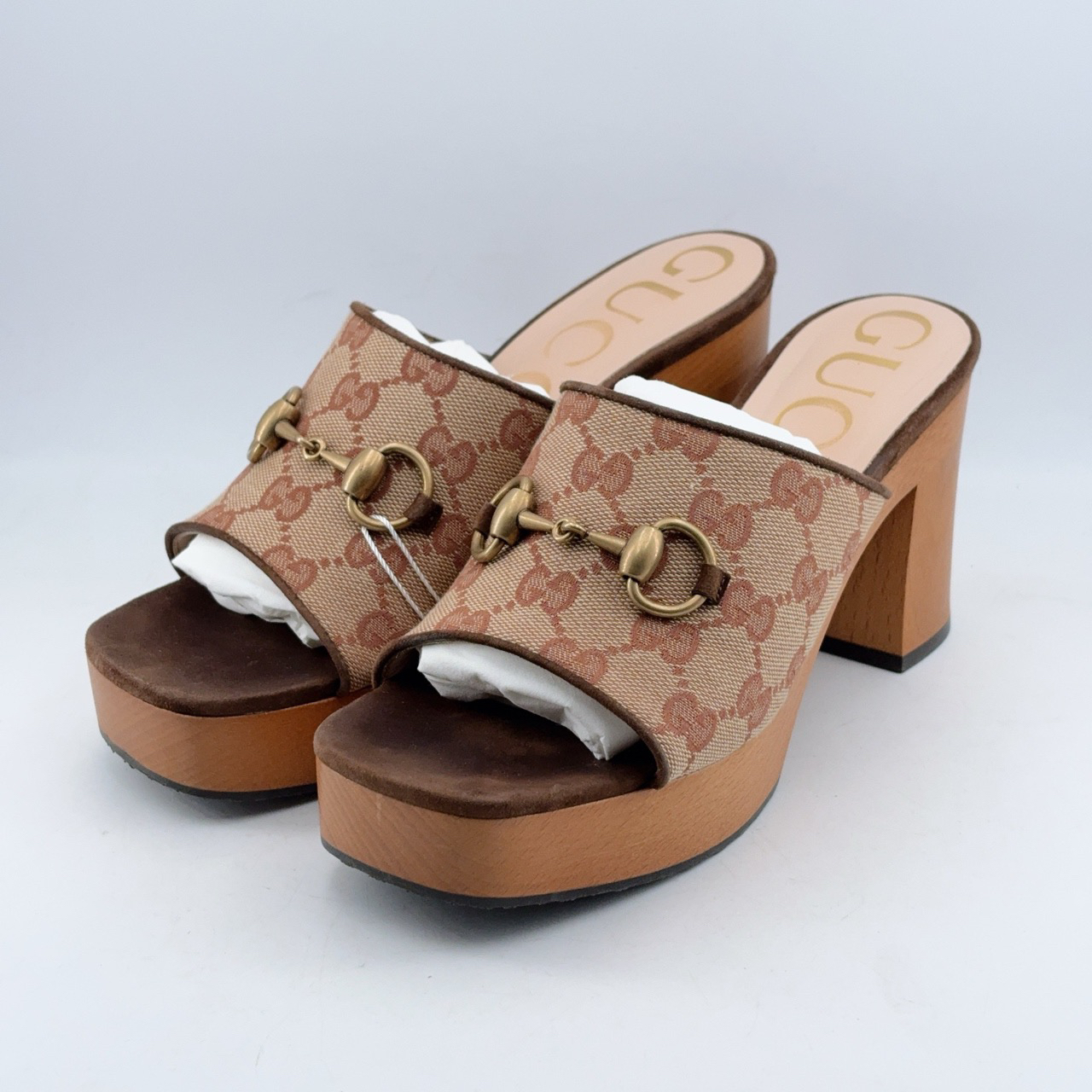 95新 GUCCI/古驰 36.5码/98新/老花满印马衔扣高跟拖鞋