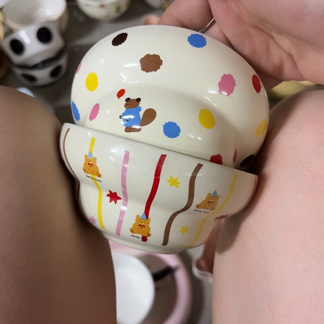 搪瓷波点彩带米饭碗