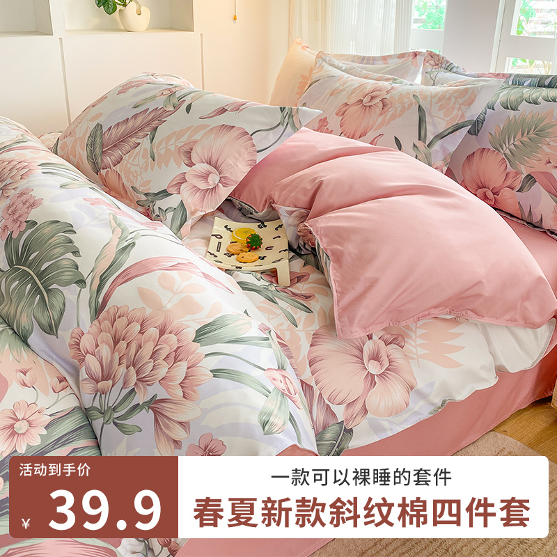 A四季通用斜纹四件套小清新亲肤磨毛印花被套加厚单双人学生宿舍