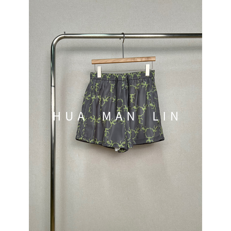 【花满林】全松紧腰抽绳灰色印花中裤19048