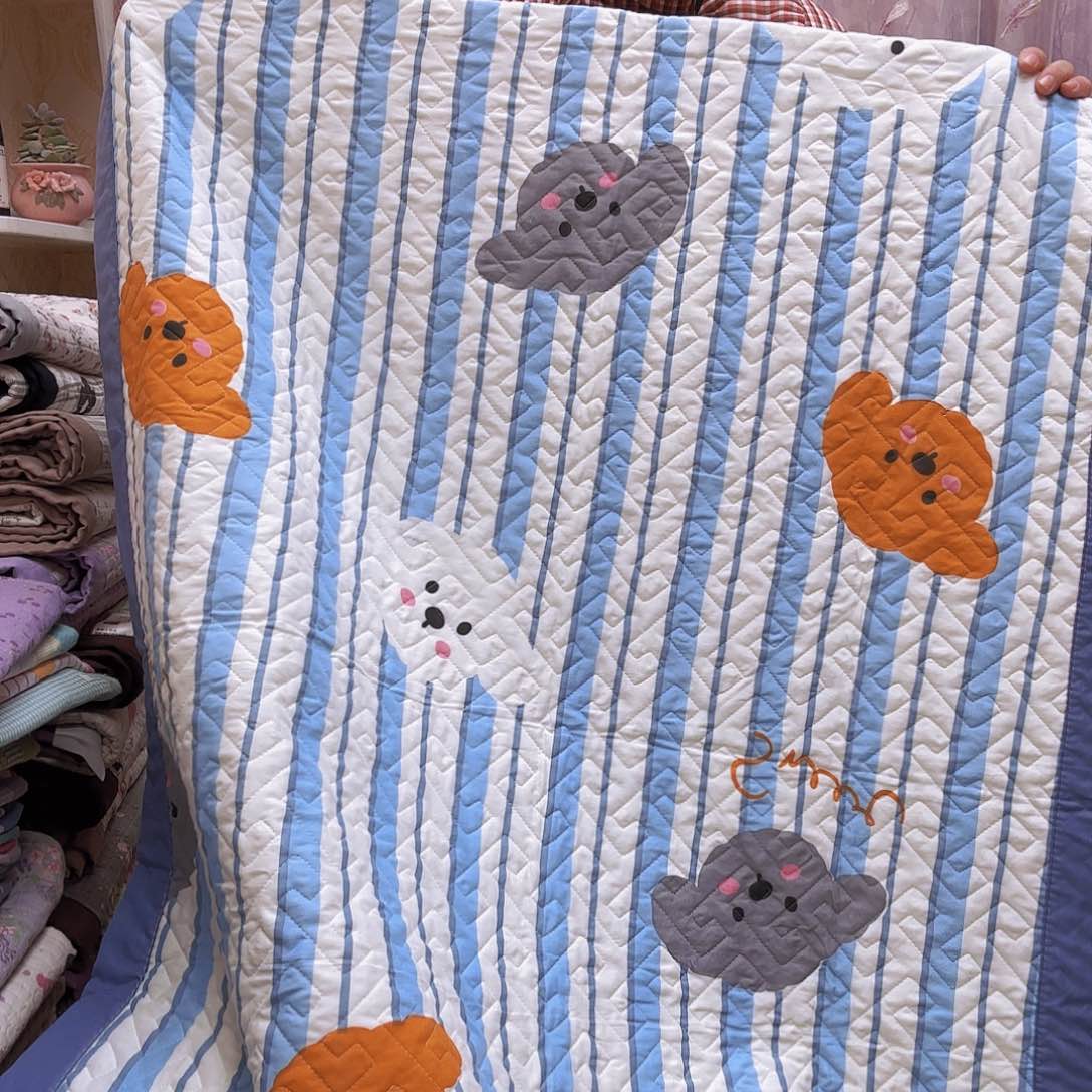 水洗布九零床盖孤品微瑕蓝色条纹小狗