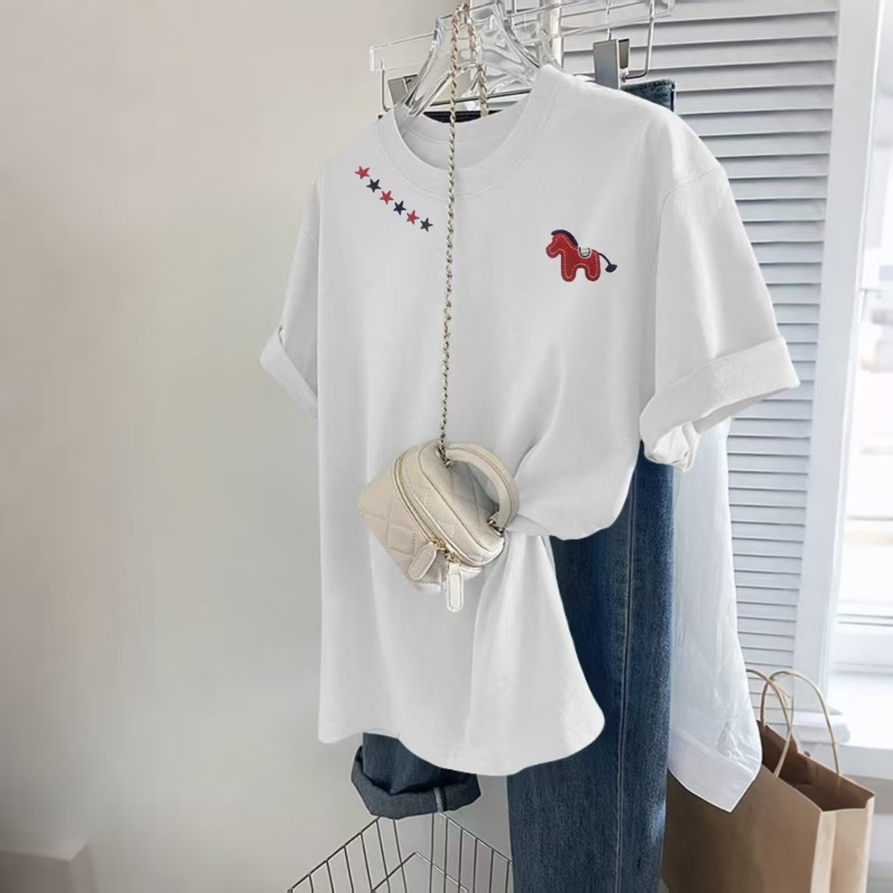 【幸运马+运费险】重工刺绣纯棉短袖T恤男女同款春夏宽松打底上衣