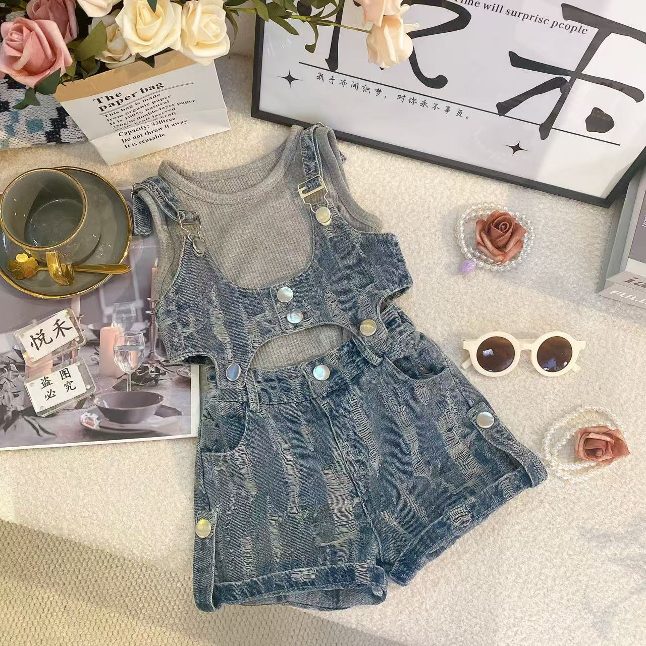 T3女童牛仔背心短裤套装女宝宝小女孩吊短休闲裤牛仔洋气8607