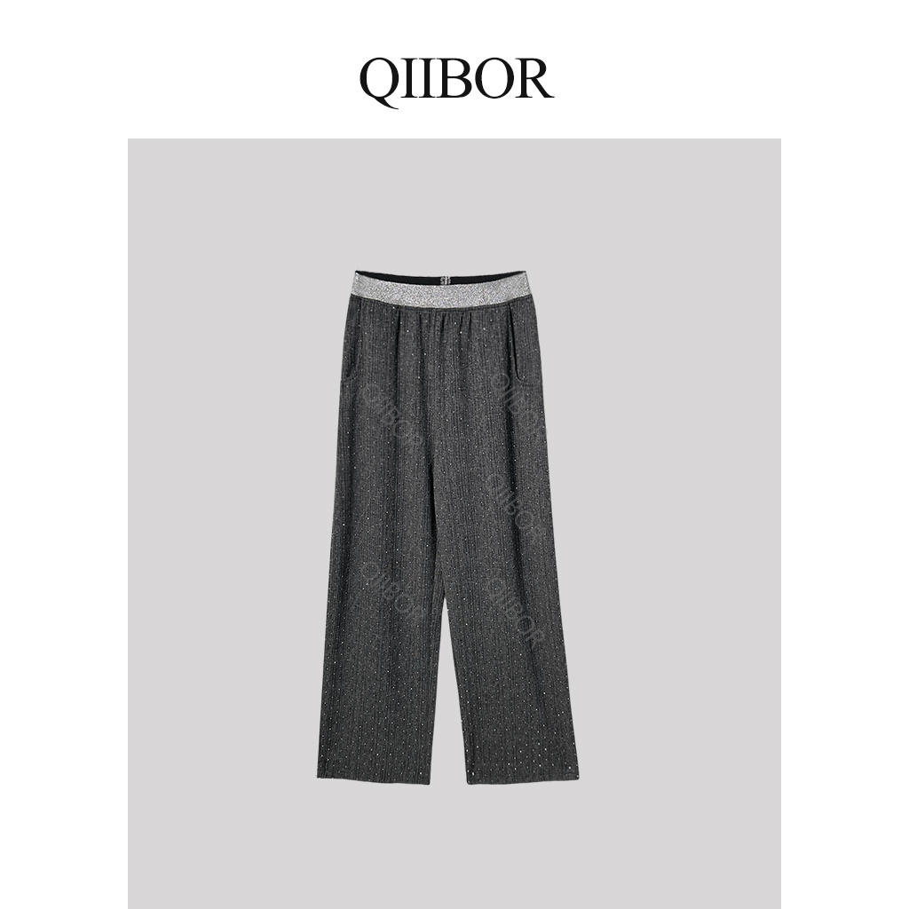 QB【揽星河】高腰撞色百搭灰色休闲松紧腰直筒裤250046