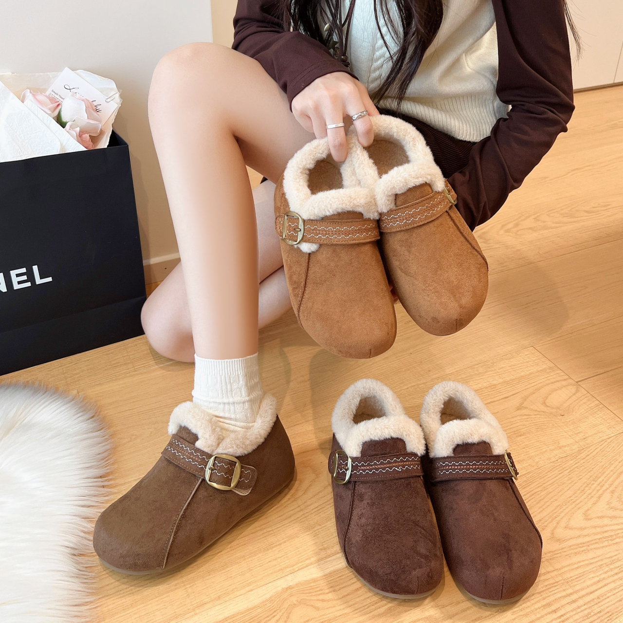 勃肯保暖内增高5公分魔术贴毛口雪地靴一脚蹬加绒圆头防滑2073