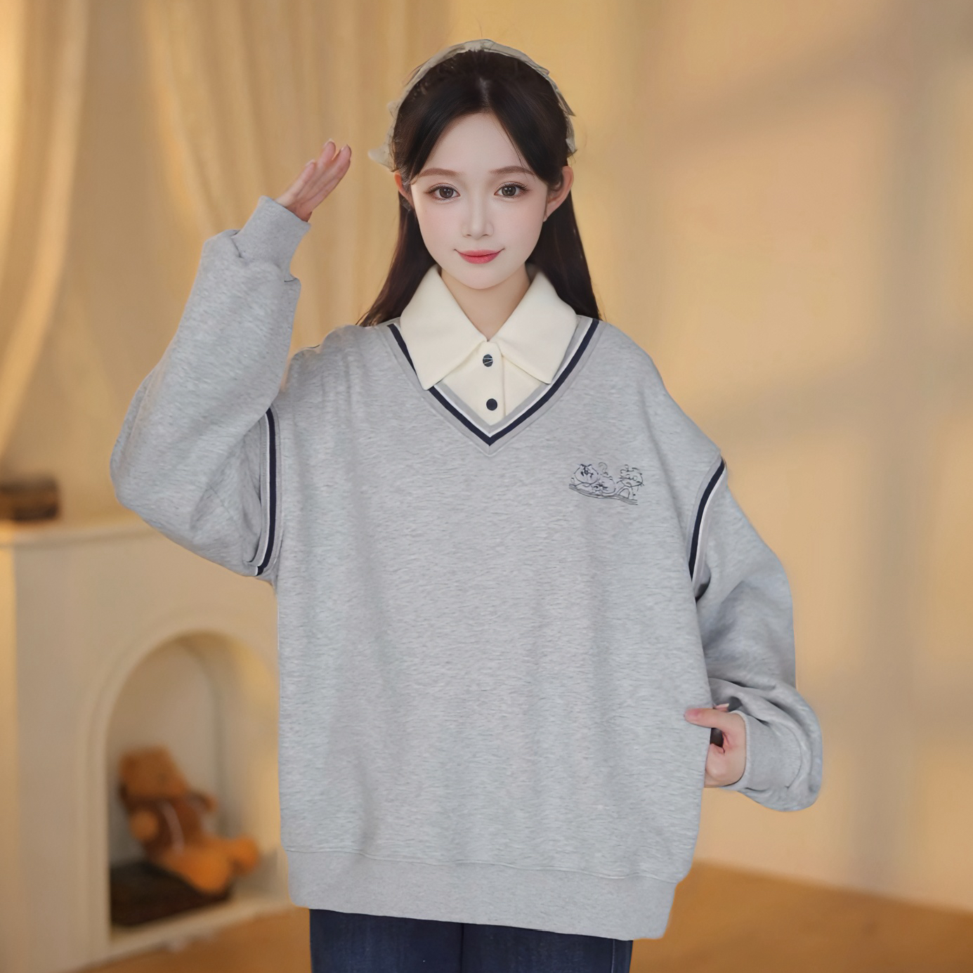 【高中生】卫衣女加绒冬季初中学生学院风假两件上衣大童气质青少年