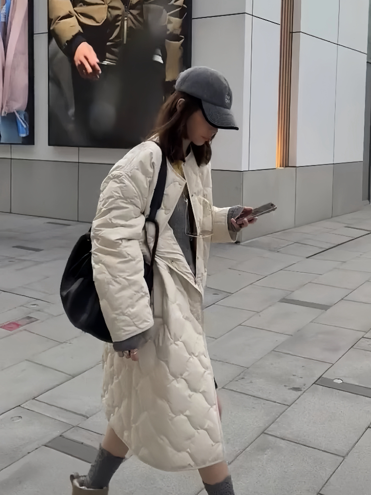 设计师款小众菱格中长款棉服外套、