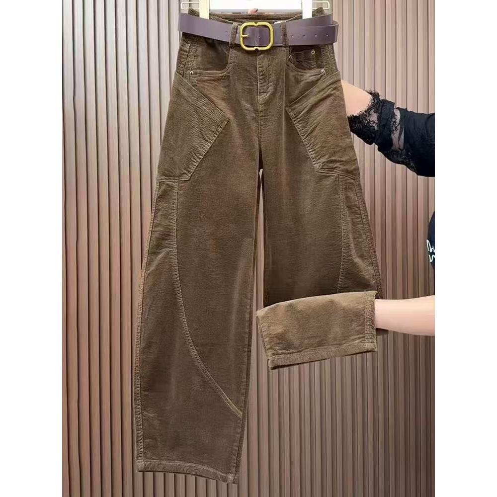 咖色加绒弯刀裤女2025年秋冬新款宽松显瘦洋气时尚设计感复古长裤