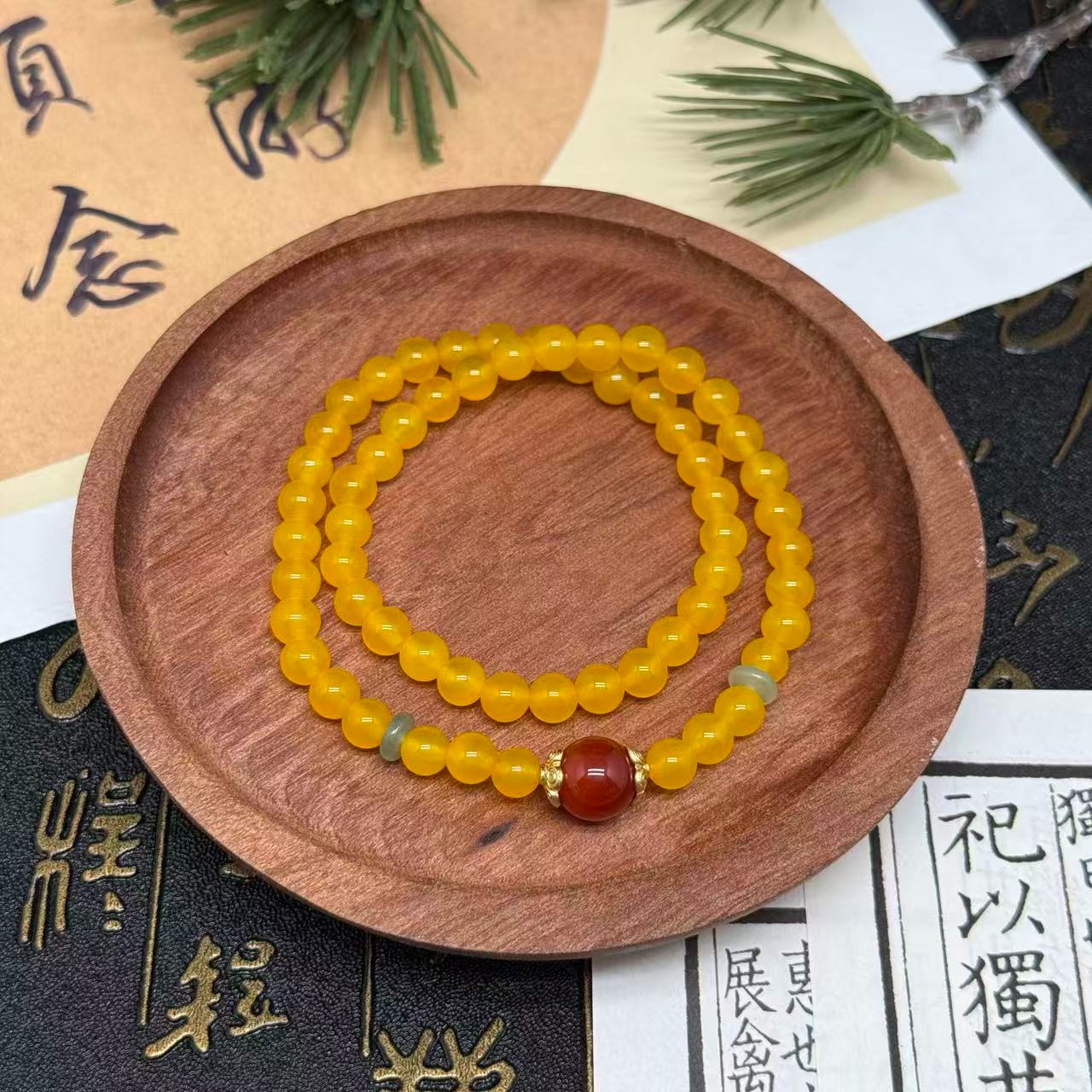 天然玛瑙黄玛瑙配南红玛瑙顶珠双圈手链多样性发—HMN602501