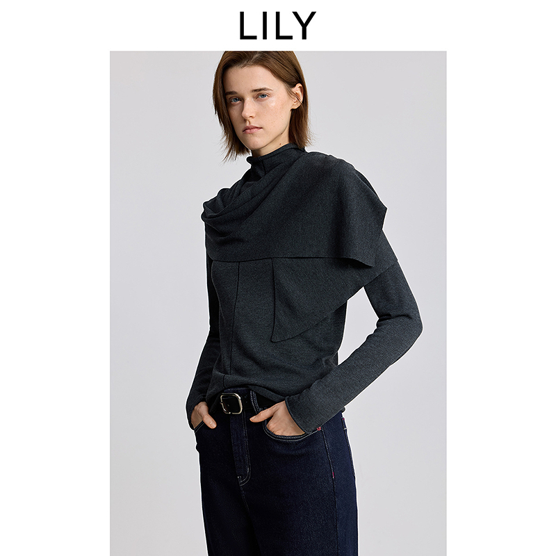 LILY2025冬新款女装半高领含围巾长袖针织衫打底衫125429TK929