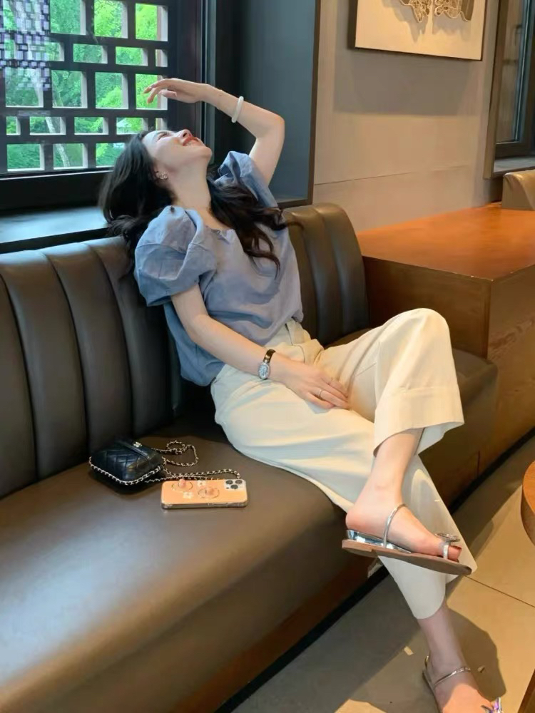 夏季复古女神范气质泡泡袖甜美清新洋气裙子小众衬衫时尚套装