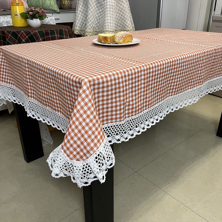 桔色小格桌布布艺格子茶几台布餐桌垫定制正方形长方形