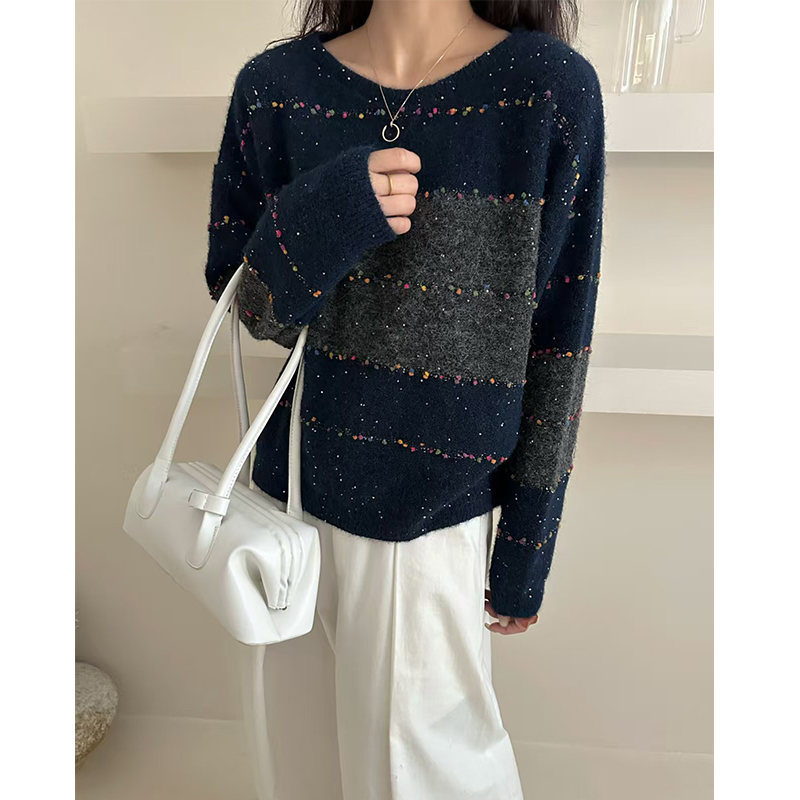 亮片拼色针织衫女长袖秋装新款时尚洋气宽松慵懒风网红套头上衣