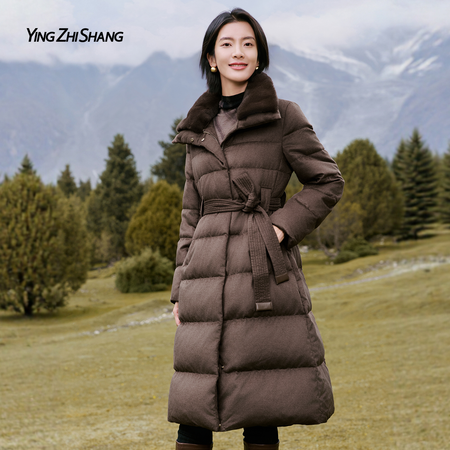 赢智尚可可棕色绒时尚显瘦A型中长款女ZR00112