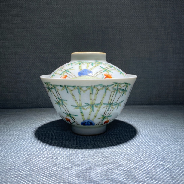粉彩竹纹盖碗茶碗