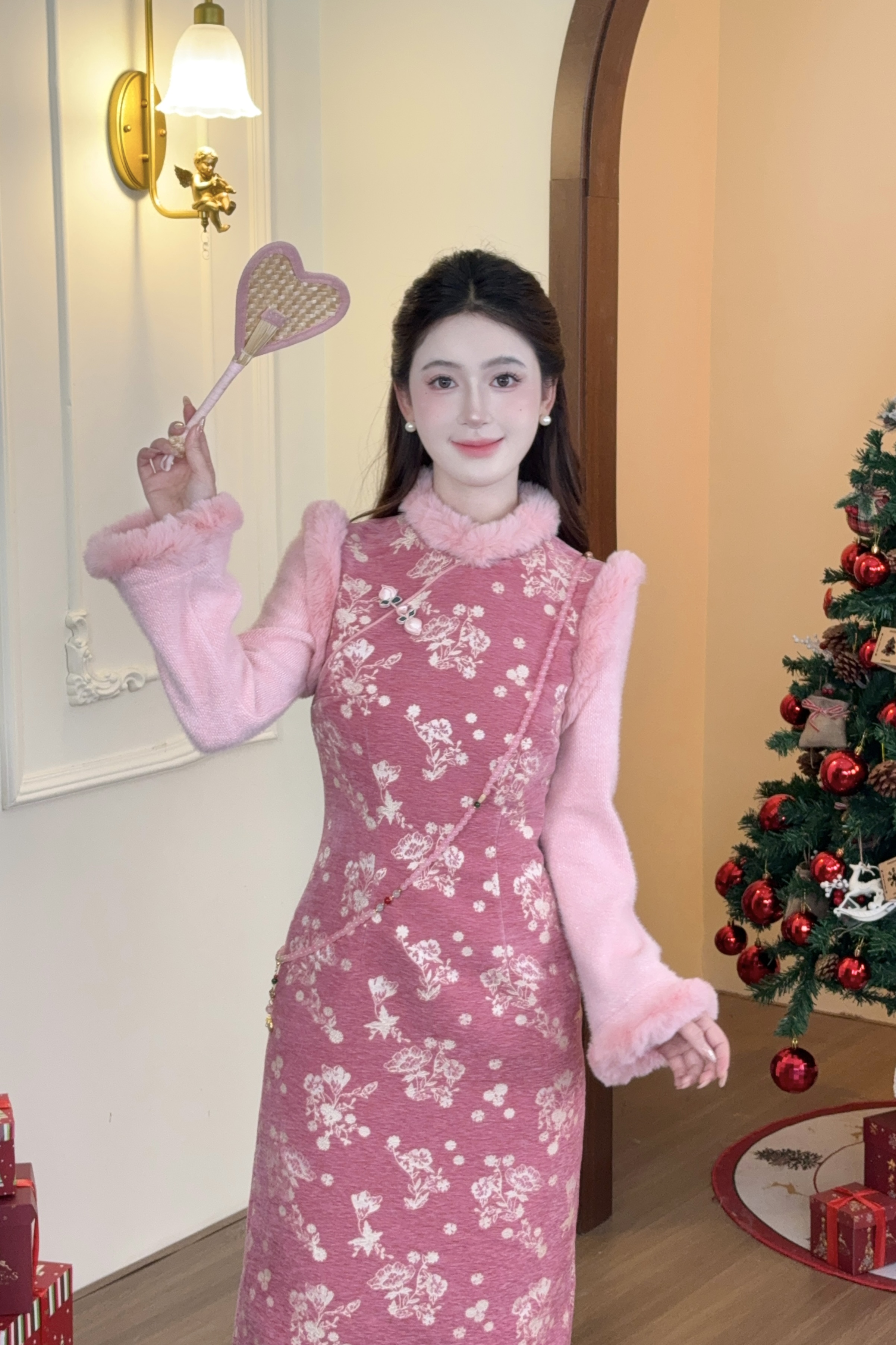 LiLi李李家【粉桃】新中式假两件温婉少女粉色旗袍连衣裙XMZH11205