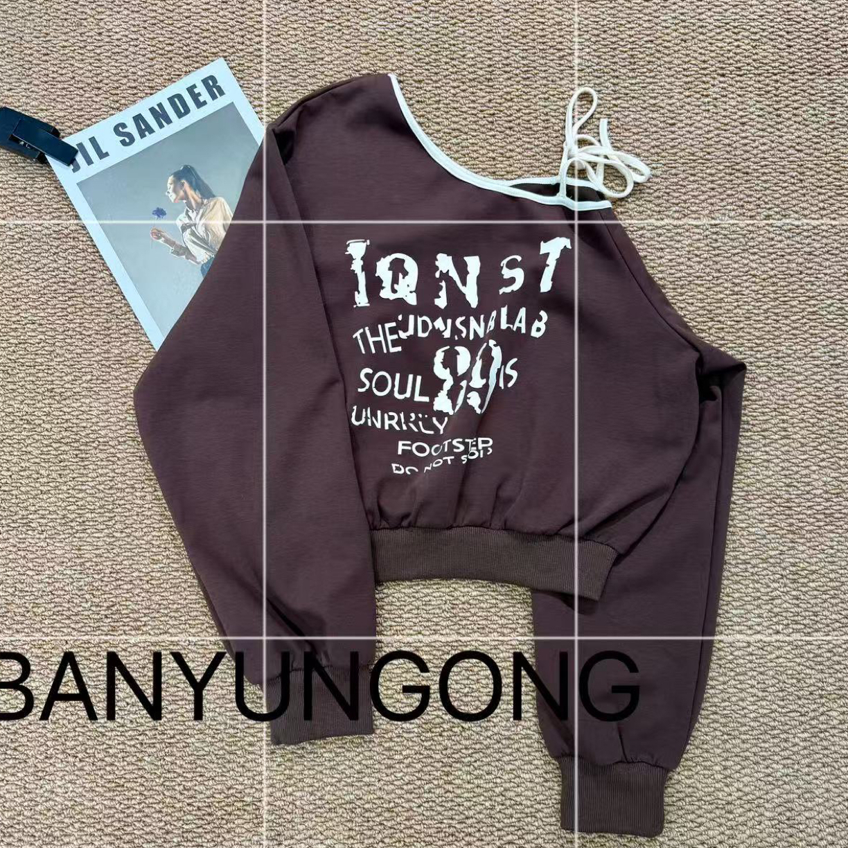 春秋新款韩系ins复古时髦字母印花斜肩长袖卫衣高腰半身裙两件套