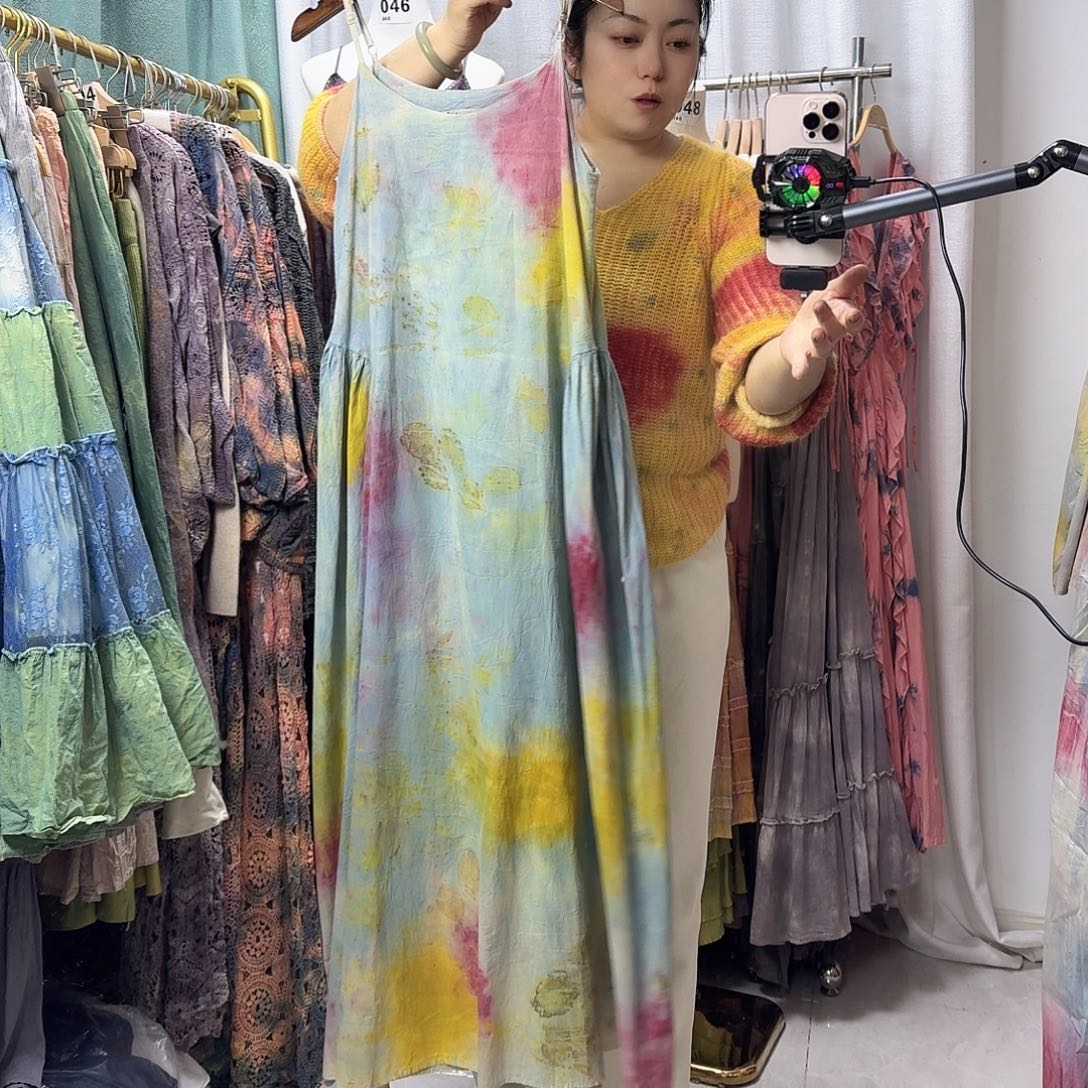 棉植物染冰蓝色花果染吊带裙