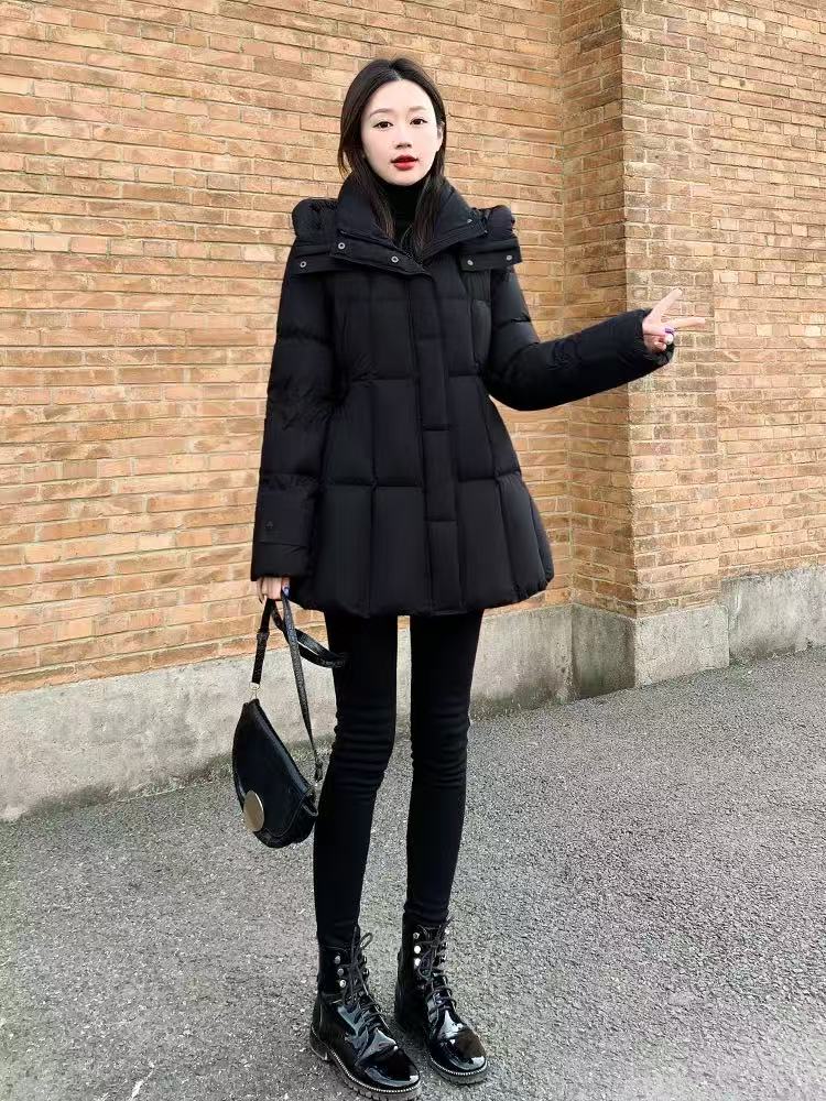 8866-31252连帽中长款纯色保暖白鸭绒羽绒服外套