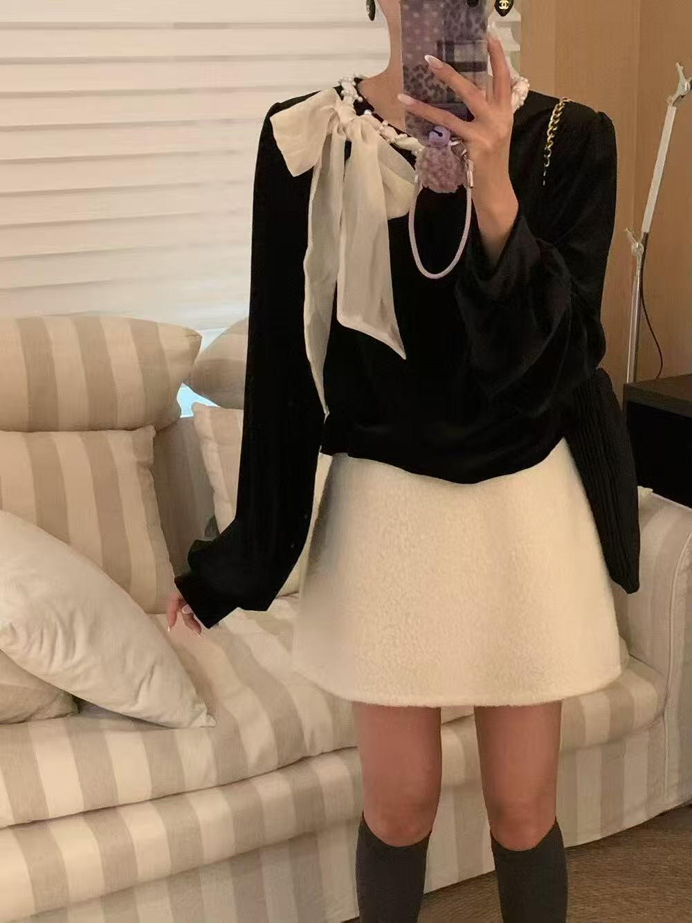 【1106  内搭】衬衫长袖减龄小香风拼色蝴蝶结