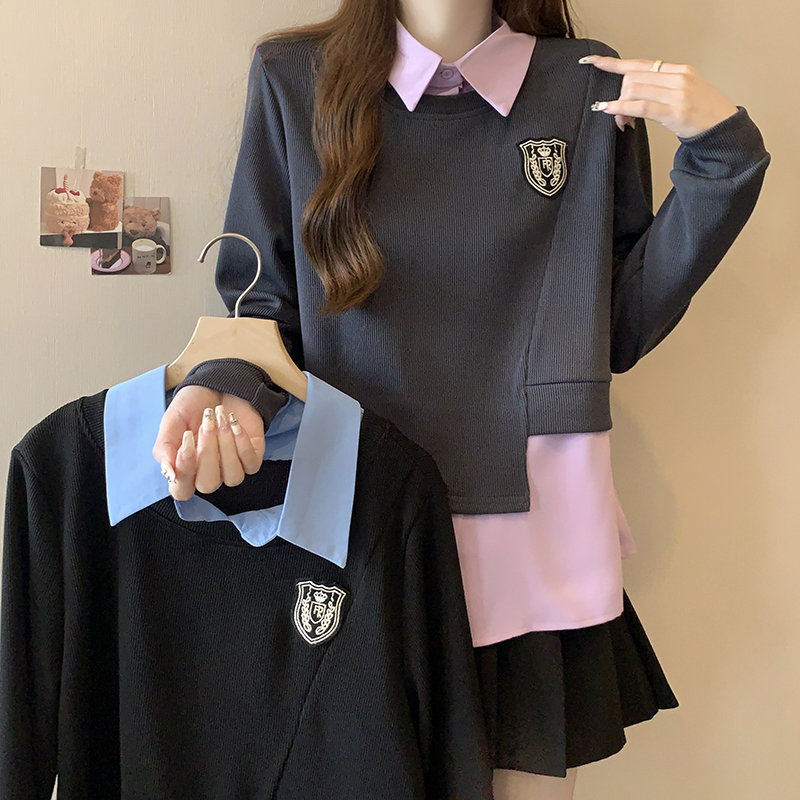 18834（24）新款胖mm大码减龄学院风假两件休闲长袖T恤百搭上衣