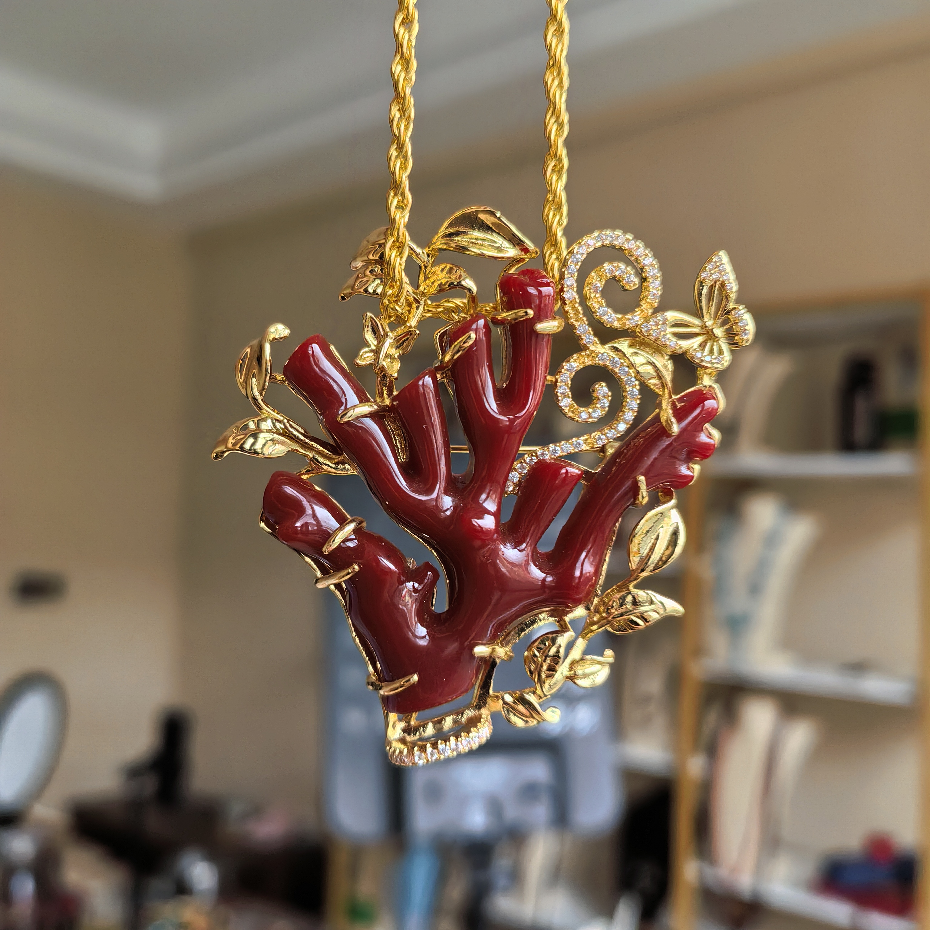 藏式穿搭玫瑰阿卡红项链胸针两用款红色高级