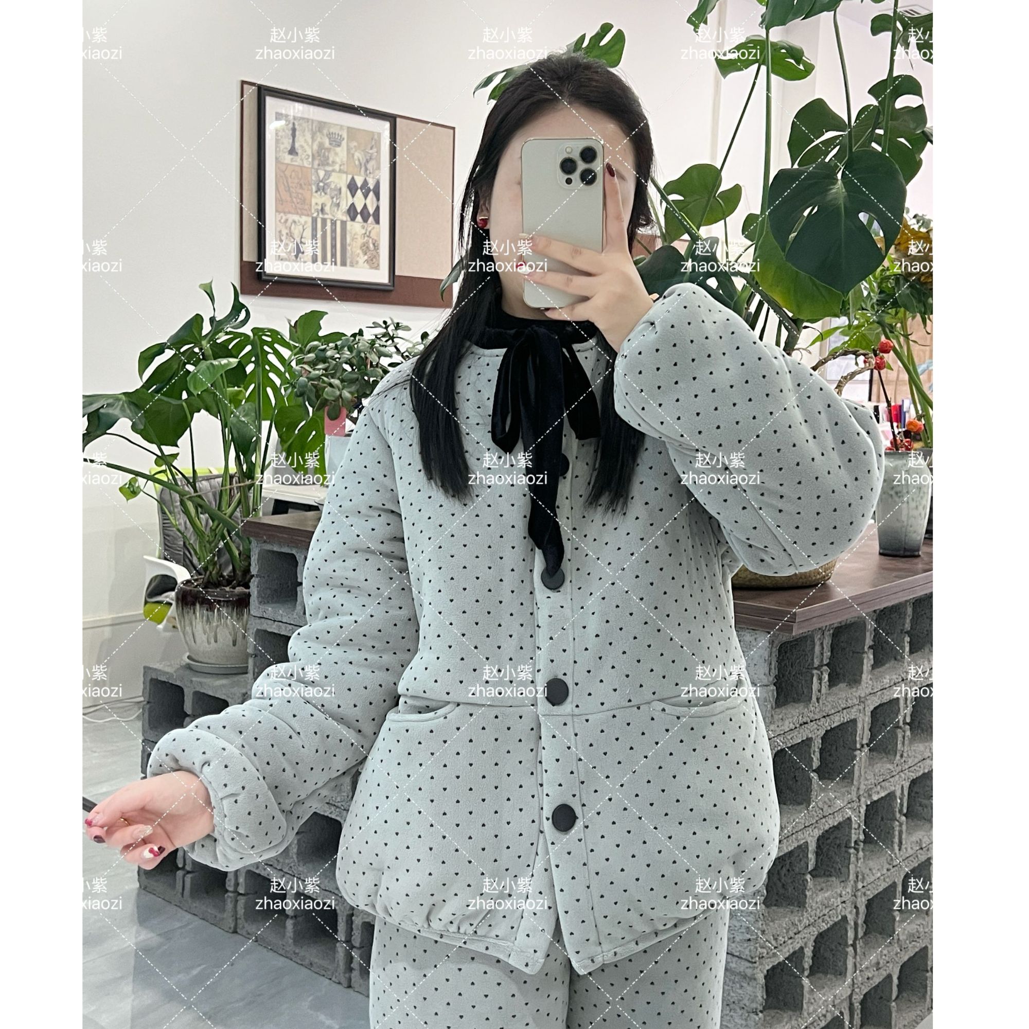 心形波点三层加绒加厚睡衣套装冬季碎花宽松休闲韩版可居家可外穿