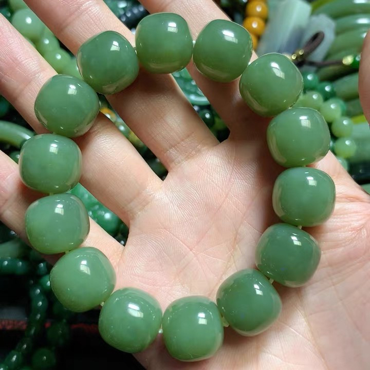 和田玉河磨玉析木绿卡16老型珠细料手串手链