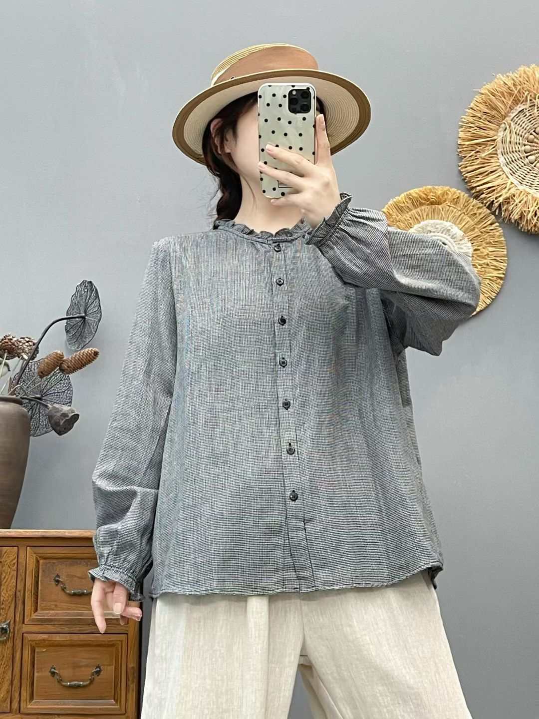 织莎棉女衬衫木耳领织千鸟格时尚休闲高品质上衣86381