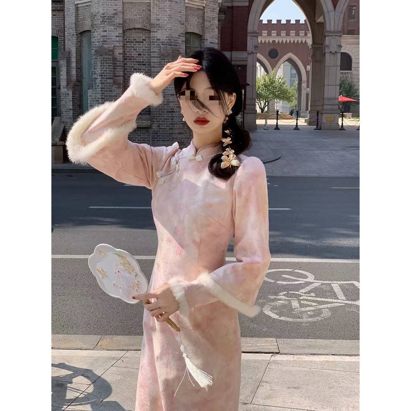 1612 粉色 晕染 草莓扣 双袖 【夹竹桃】 旗袍