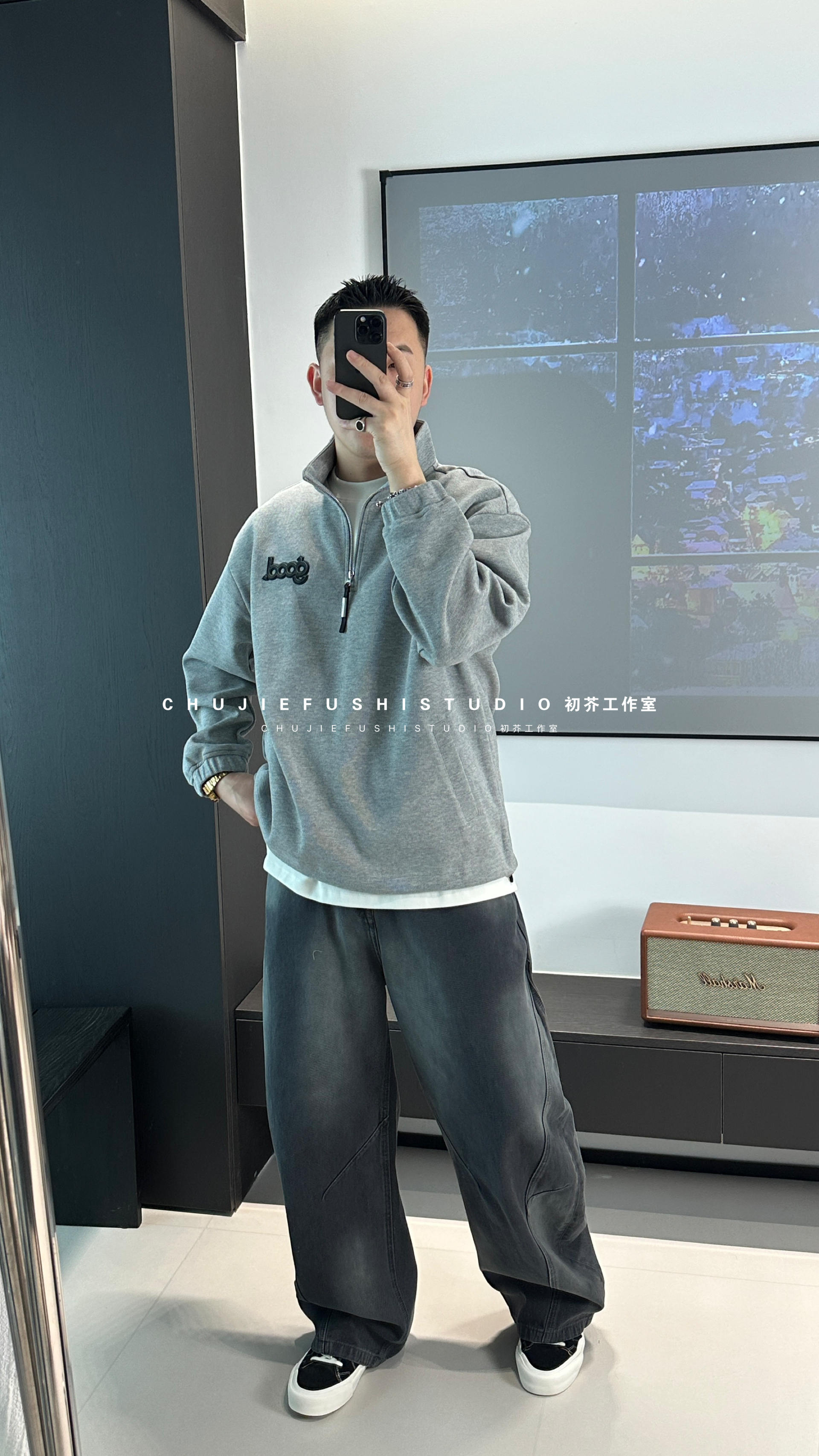 CHUJIE韩版潮牌刺绣字母立领半拉链卫衣