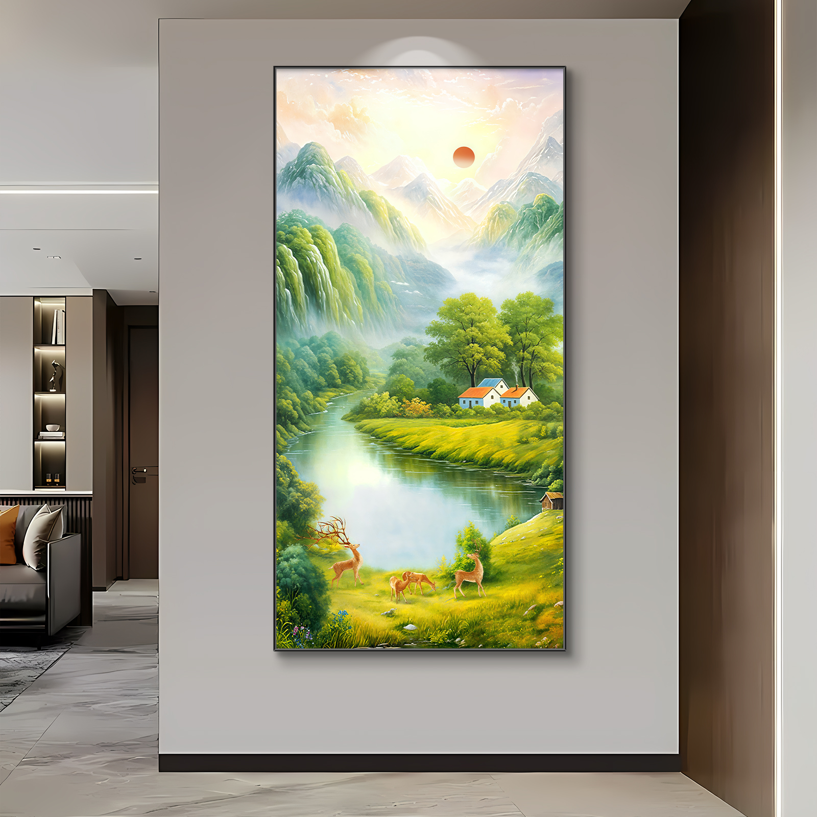 旭日东升聚宝盆招财装饰画现代轻奢山水风景画入户玄关靠山挂画