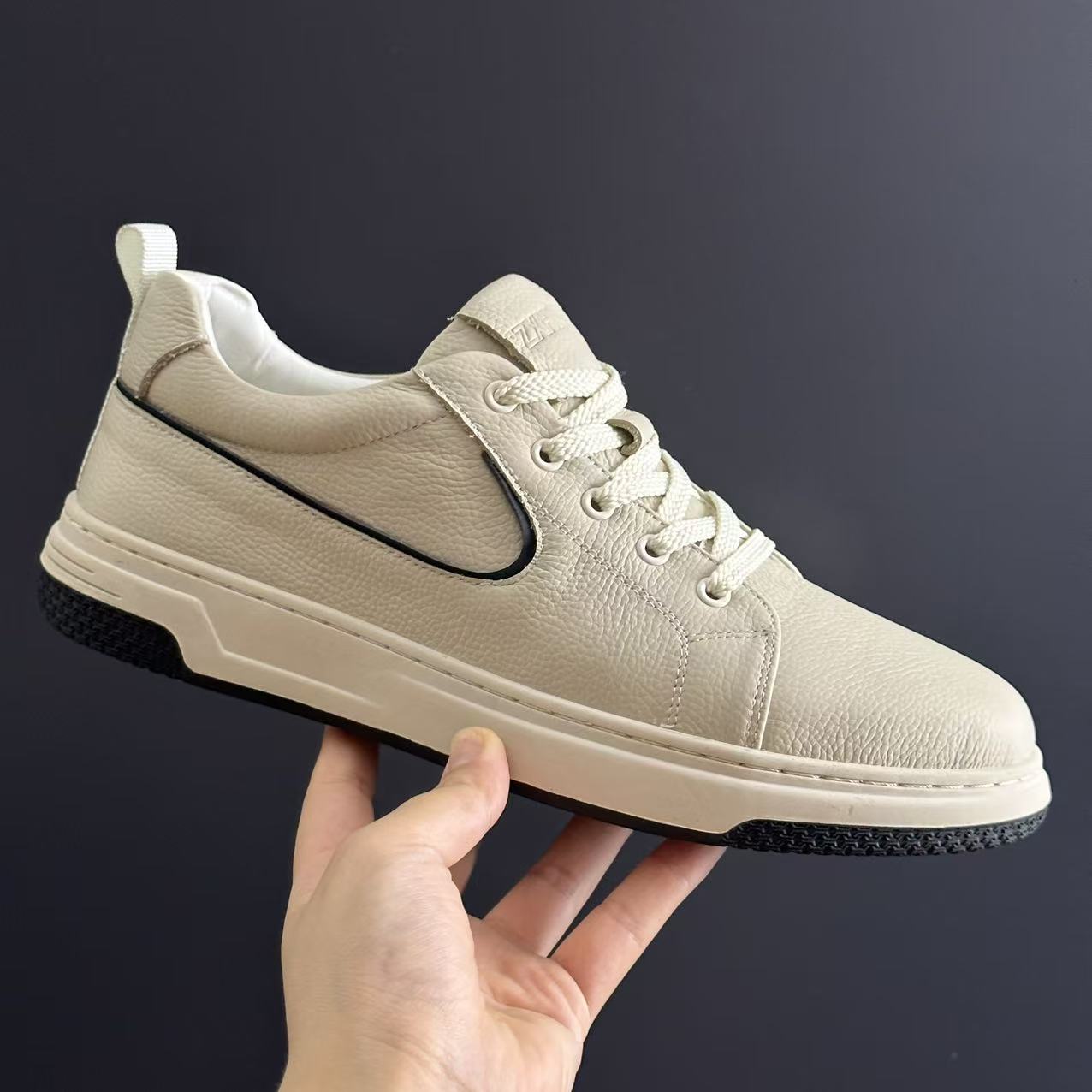 粒面皮休闲风系带板鞋休闲板鞋韩版低帮透气皮鞋男士971