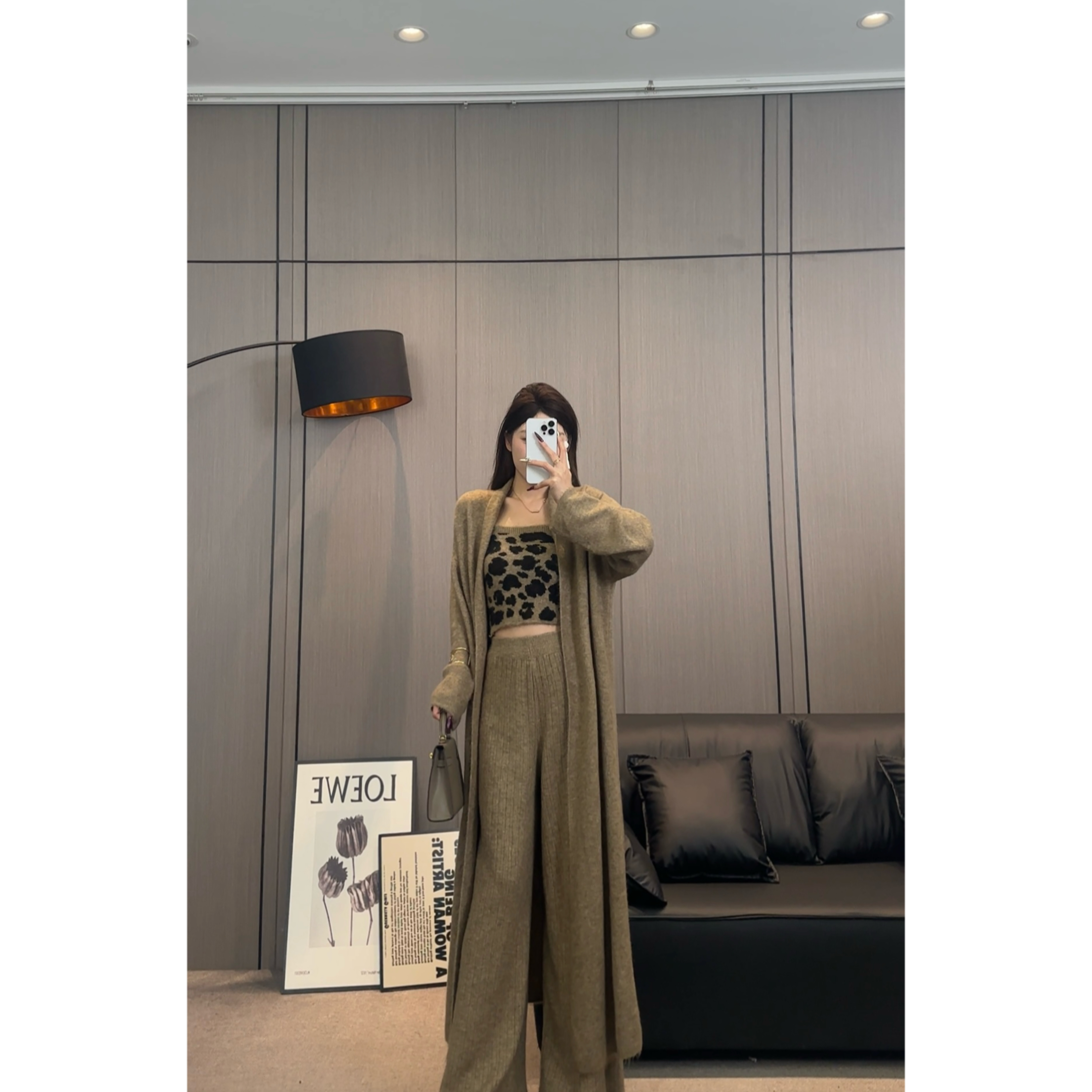 江江定制【罗马画报】秋冬纯欲豹纹毛织吊带开衫直筒阔腿裤套装T346