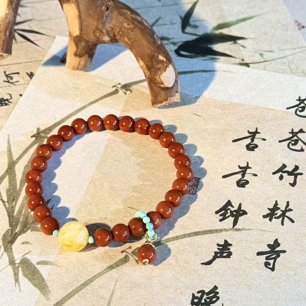 【景润·小欢喜】11mm+高品瓷白飘花瓦西川料牛血红圆珠单圈手串 