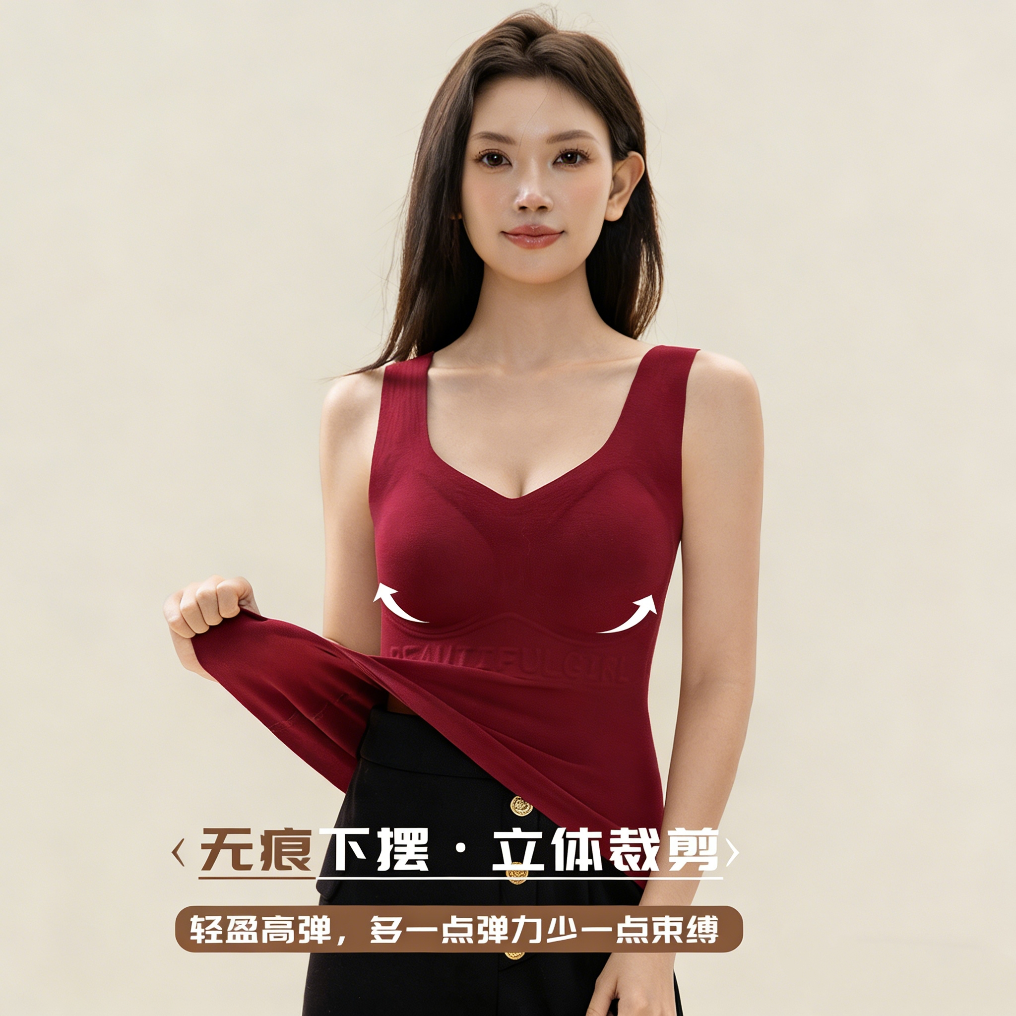 绵羊毛蚕丝固定式水滴承托杯立体字母支撑免穿内衣保暖背心