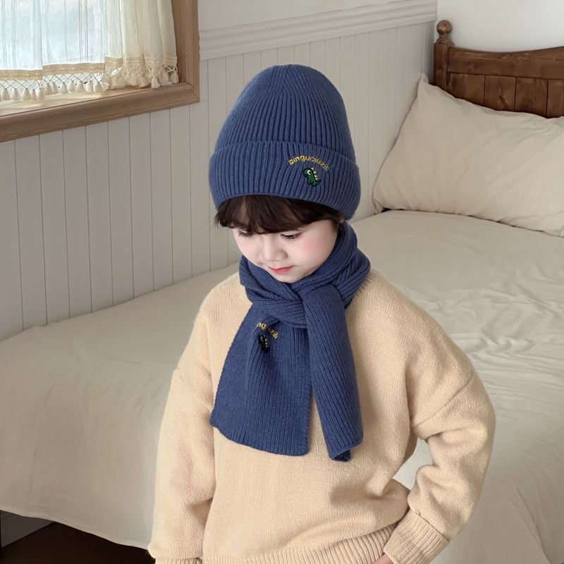 儿童简约百搭针织毛线帽子围巾套装男孩女孩宝宝纯色保暖套头帽冬