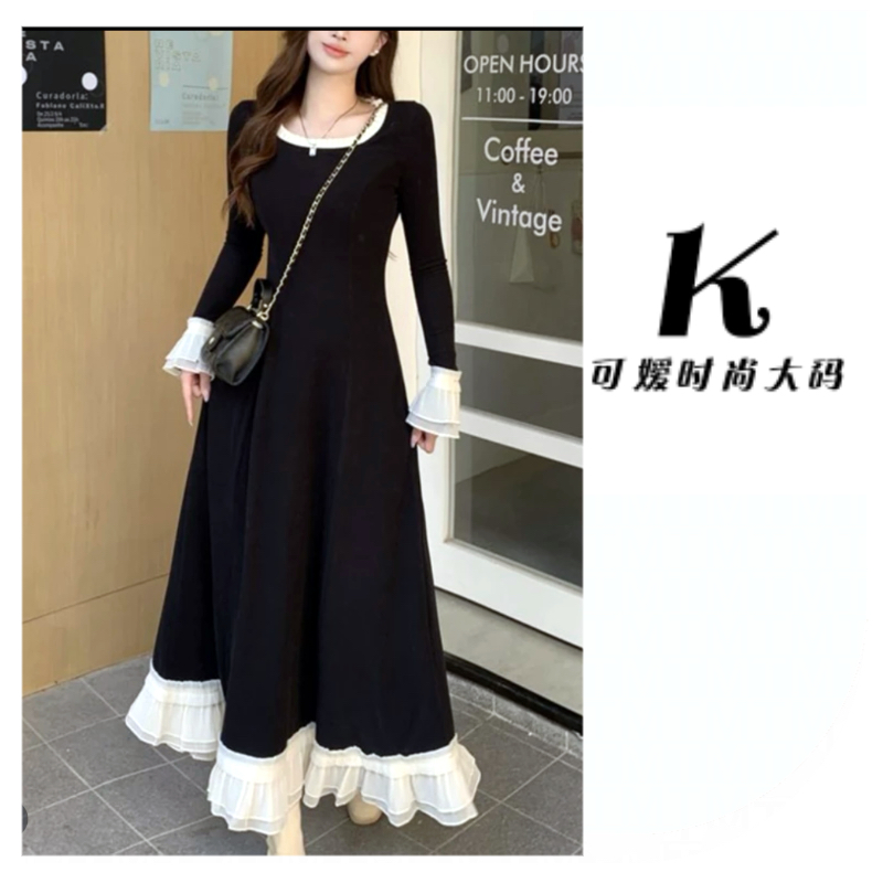大码mm黑色温柔风气质时尚长袖连衣裙女新款修身收腰A字裙长裙