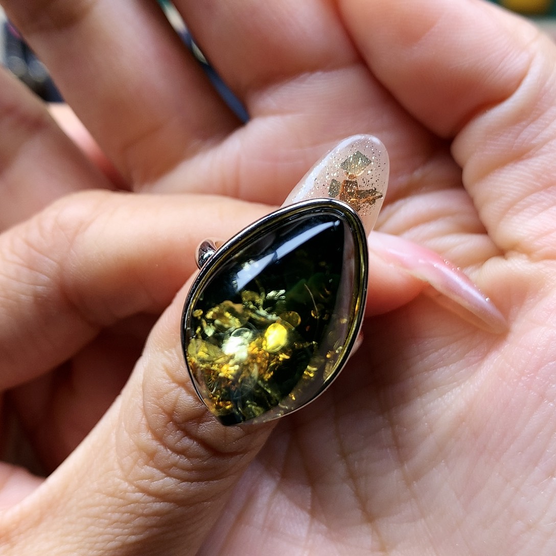 绿珀戒指银S925镶嵌戒指