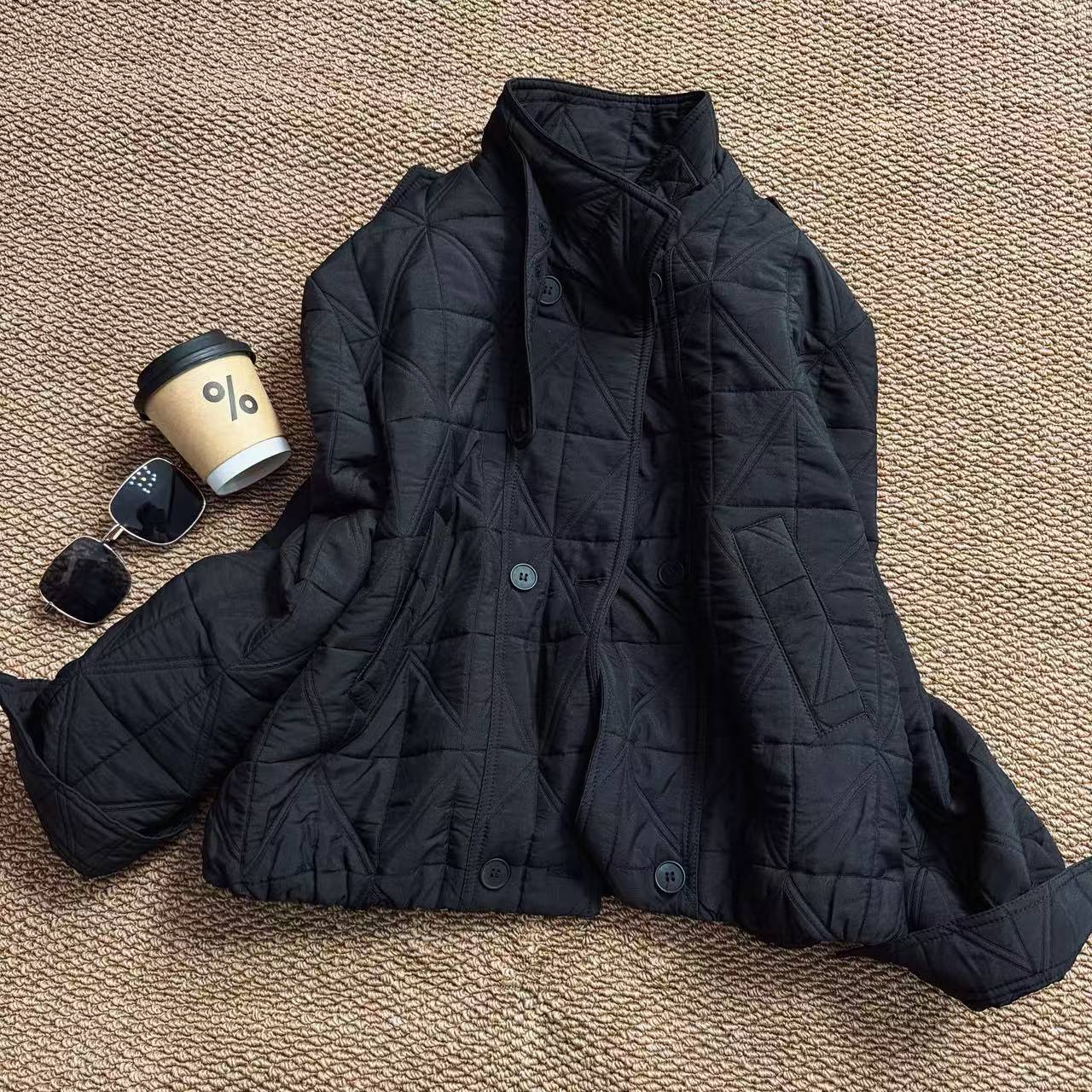 秋季保暖休闲轻薄菱形夹棉外套女