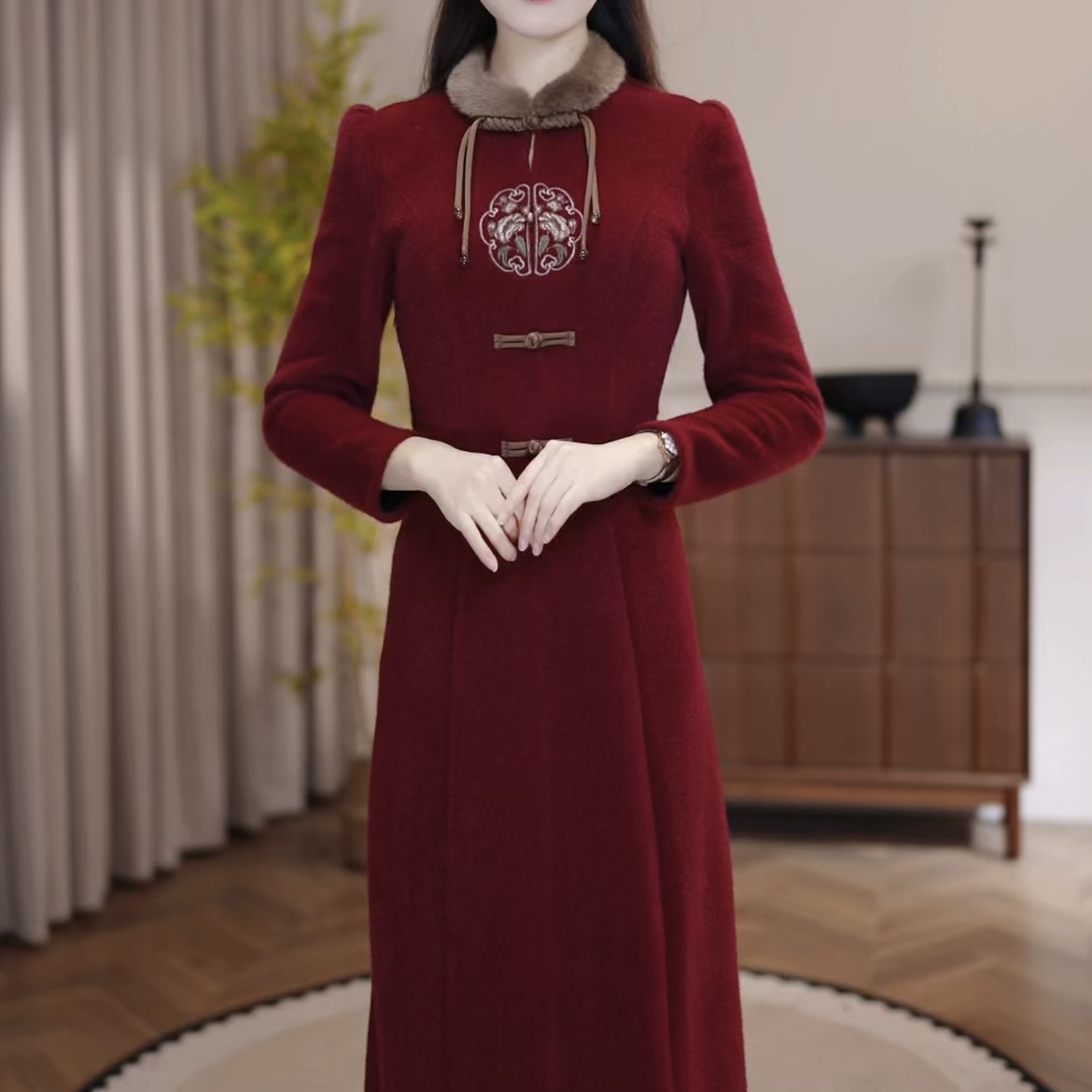 2025冬款新中式带毛领贵气轻奢国风提花套装裙M-4XL