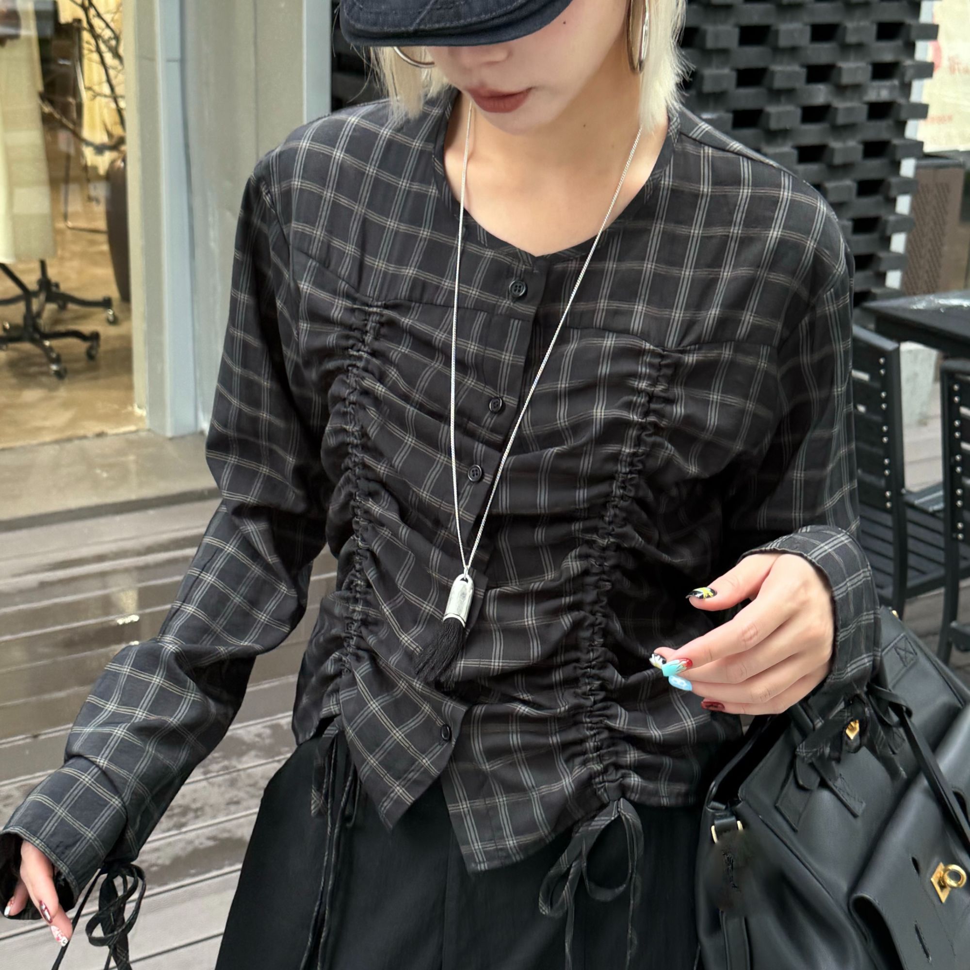HELLOTANGO《清冷抽离》秋冬复古绑带褶皱抽绳设计格纹衬衫25649#