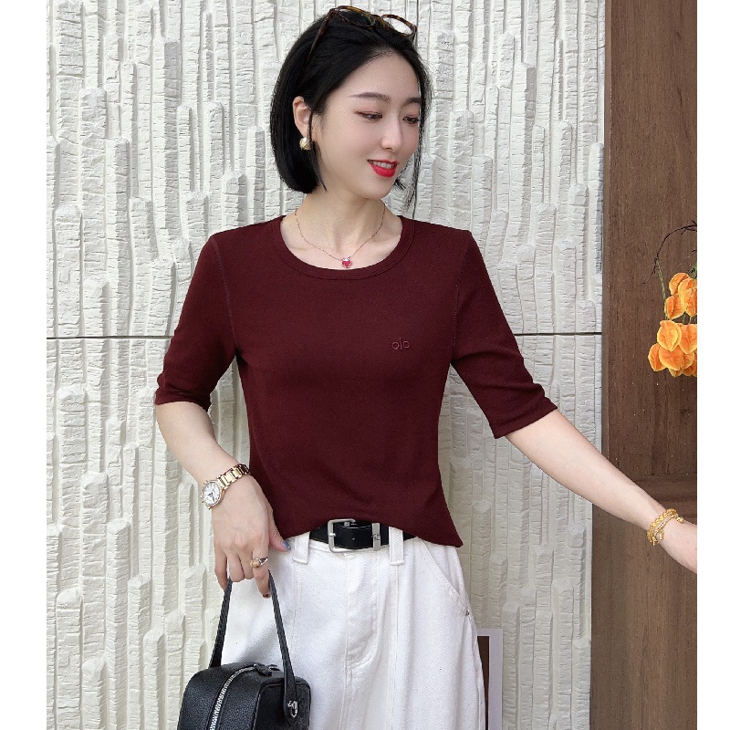 8322C款五分袖圆领咖色修身秋季女T恤时尚设计感夏季中袖