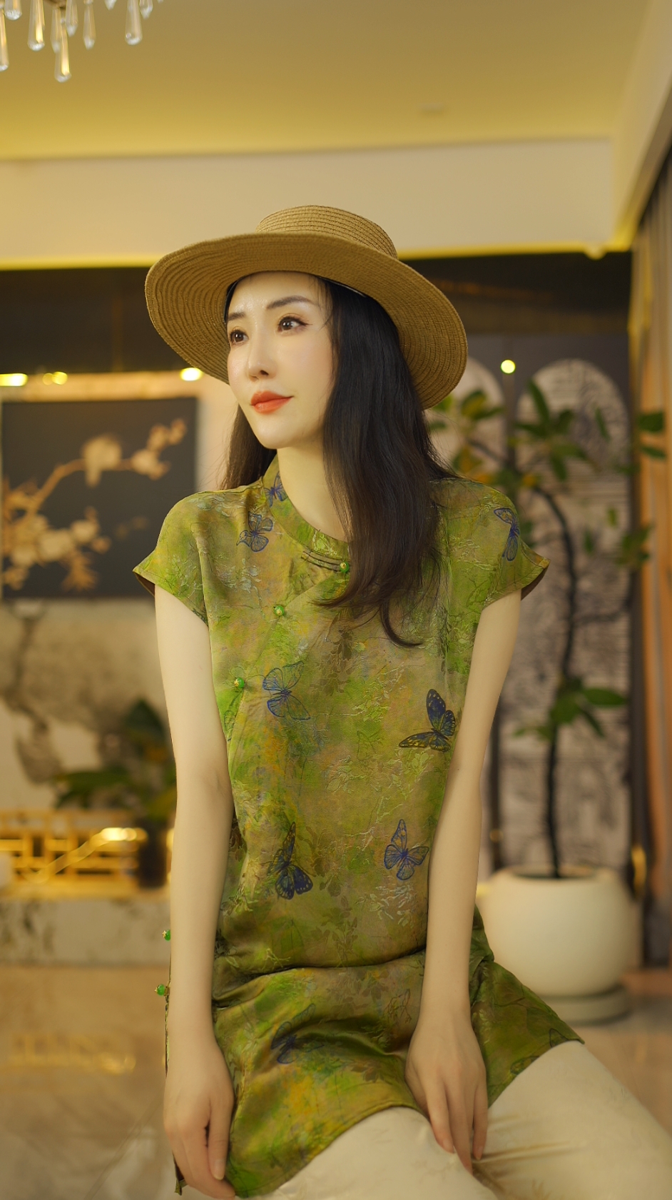 （蝶舞）国风连衣裙短袖老钱风复古提花上衣