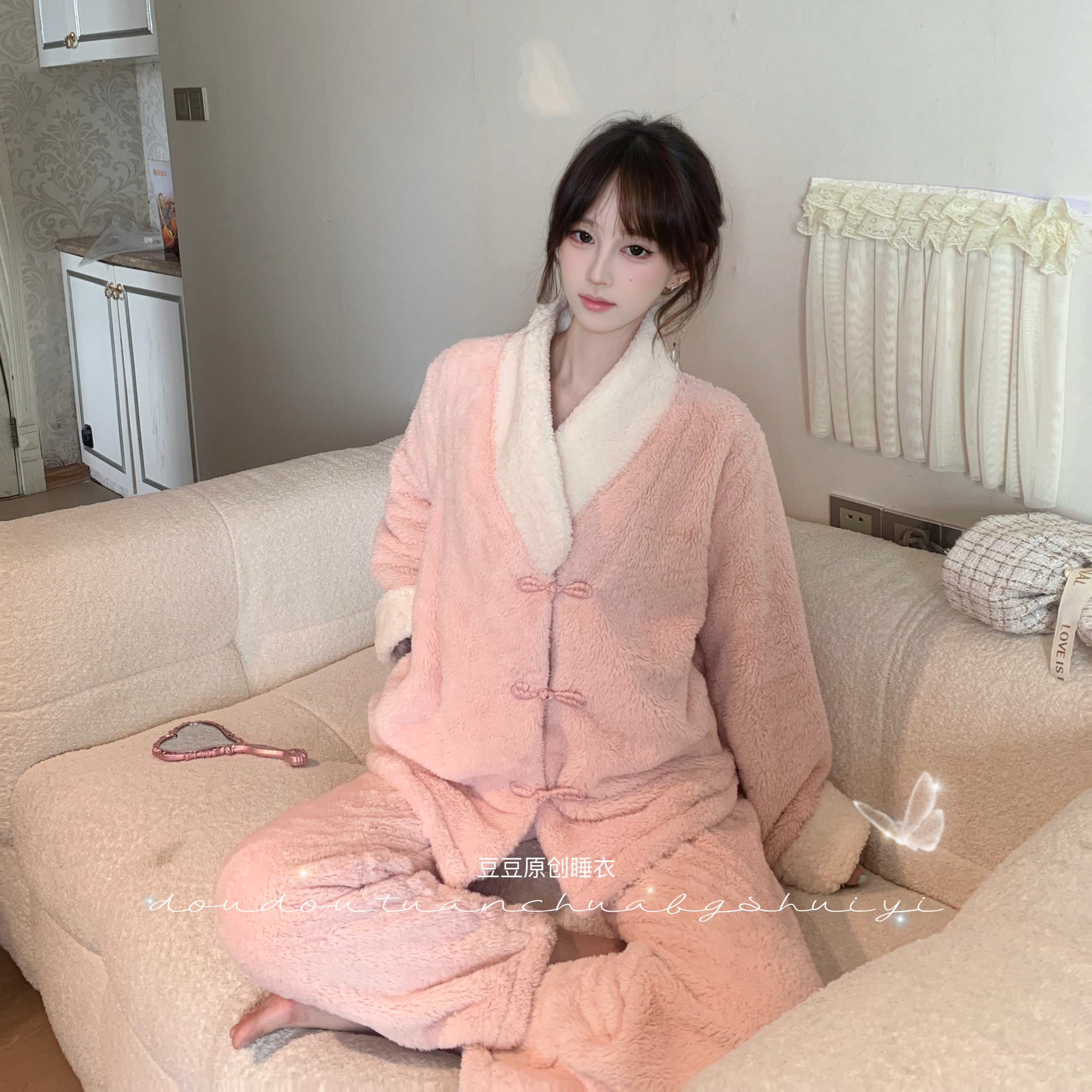 菠萝【如意】新中式双面厚绒冬款家居服显白可外穿睡衣套装保暖