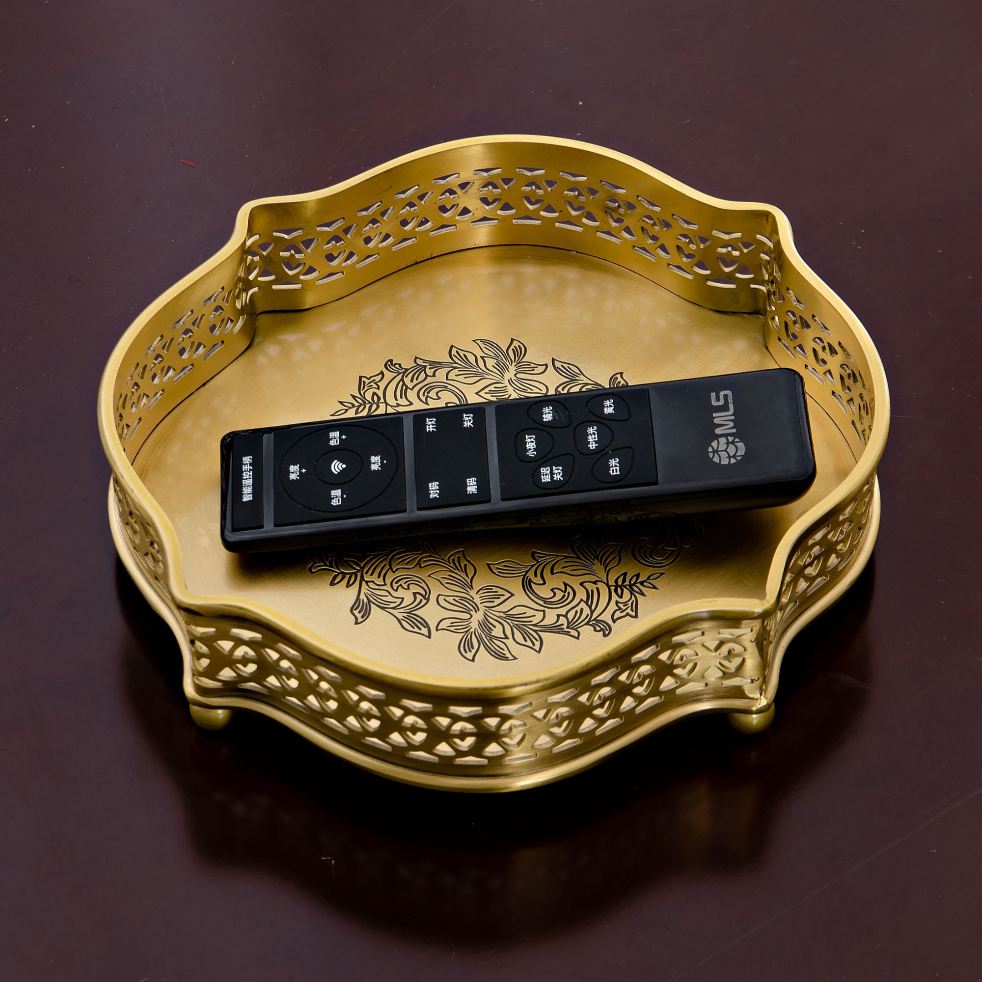 黛资 D3125 美式黄铜复古镂空托盘客厅茶几收纳果盘果篓