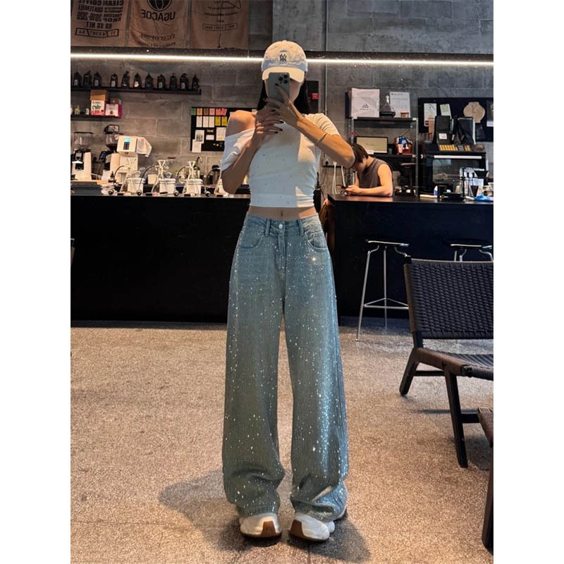 高腰牛仔裤女阔腿直筒裤2025秋季新款宽松烫钻港风复古拖地裤长裤