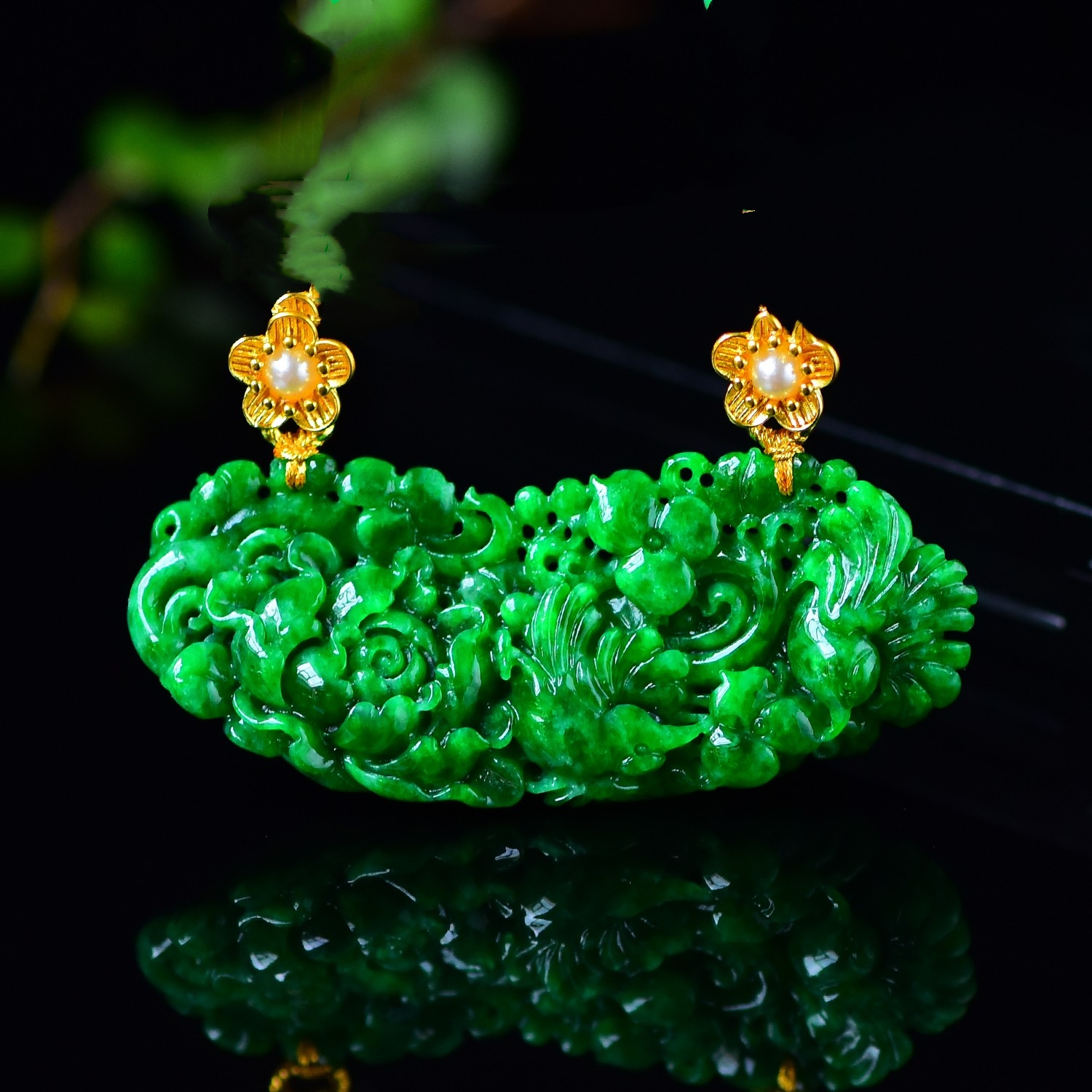 天然A货翡翠吊坠花青种镂空雕刻满阳绿色辣绿色花开富贵锁骨链