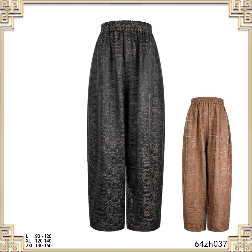 YZ 2025新款时尚国风咖色刻花百搭休闲宽松花苞裤 64zh037